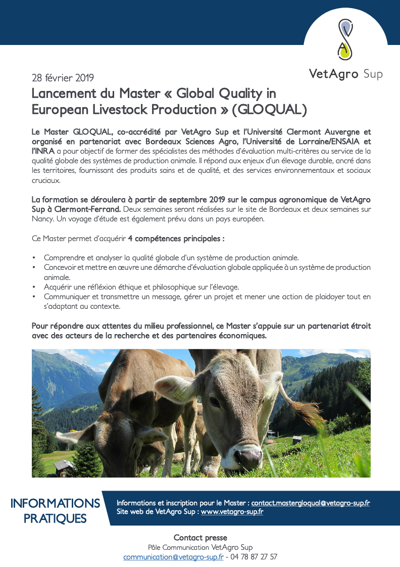 Lancement du master Global quality in European livestock production