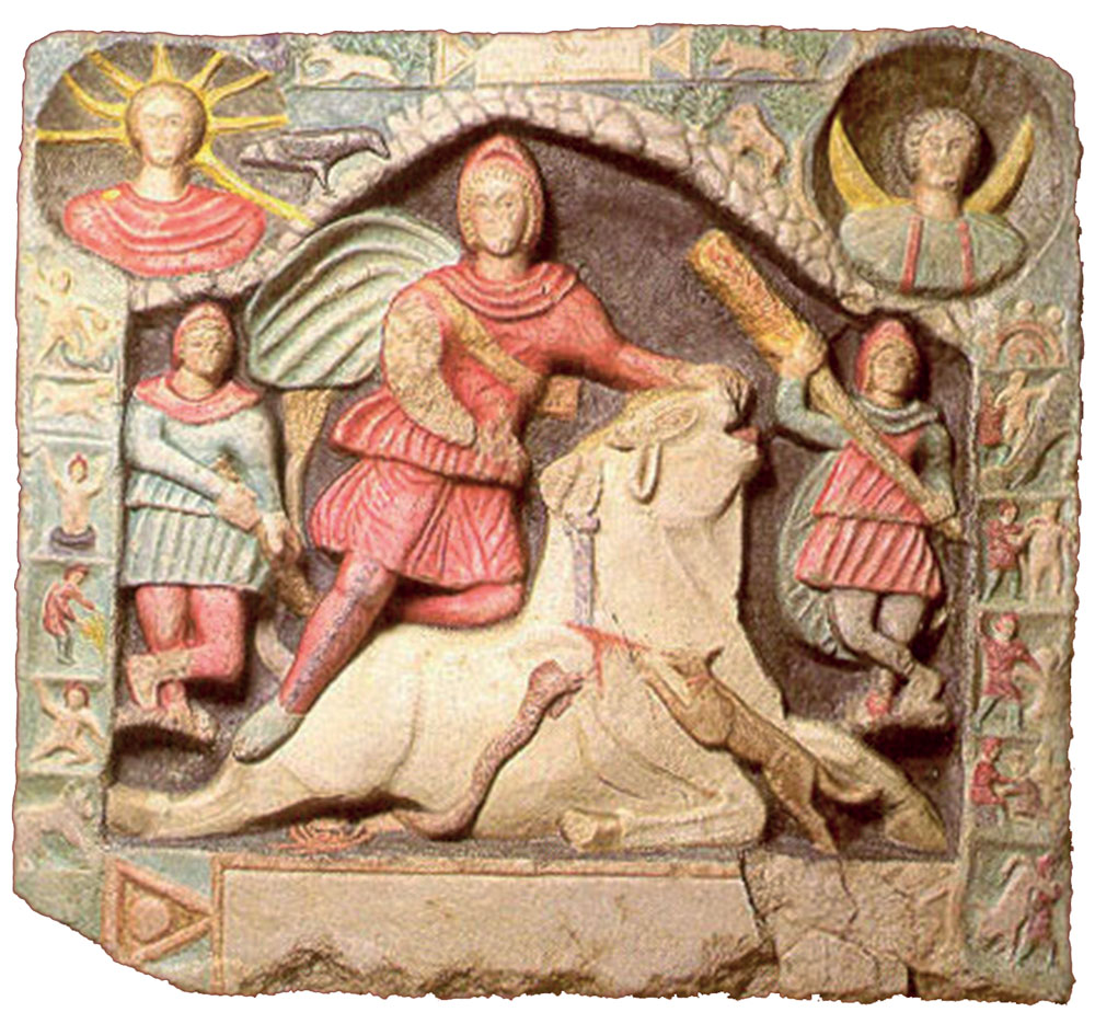 Médaillon symbolisant le culte de Mythra, le taureau est figuré en arrière-plan de demiurge