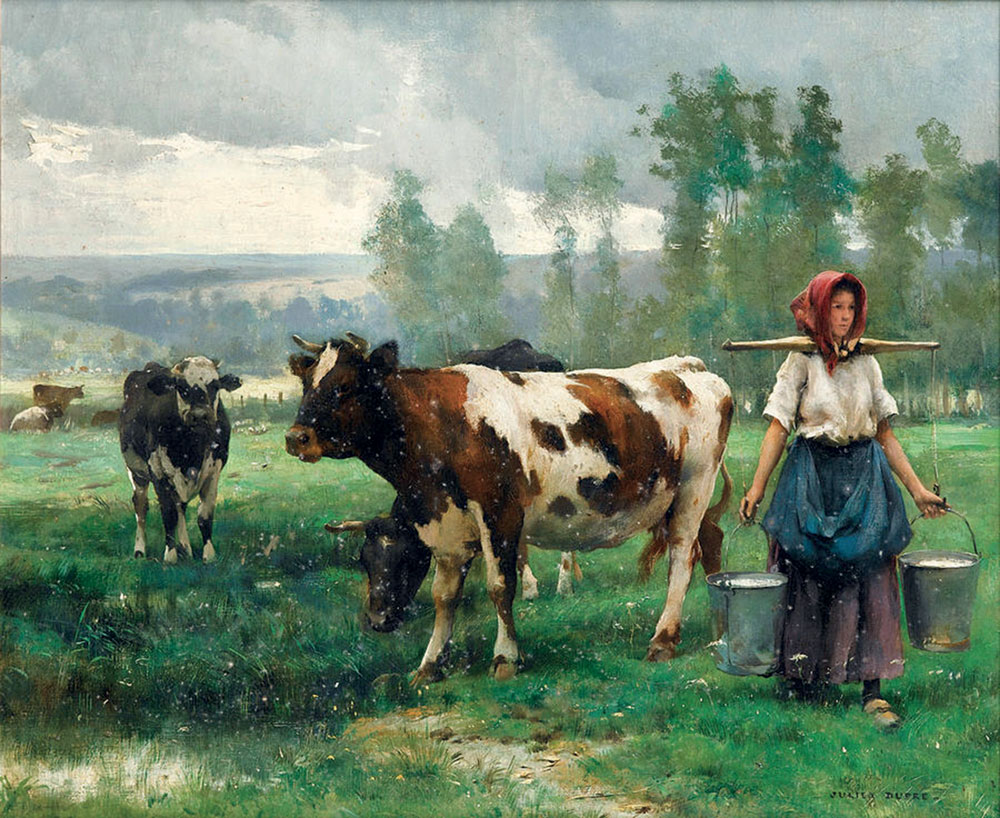 Une peinture réaliste de la vie paysanne de la fin du 19ème siècle- La laitière de Julien Duprès, Huile sur toile 46.5 x 55.5cm - Collection privée