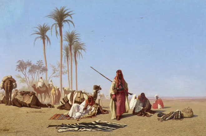 La domestication du dromadaire a permis de développer le commerce en permettant de traverser des régions désertiques. Halte de la caravane, Charles-Théodore Frère, Public domain, via Wikimedia Commons