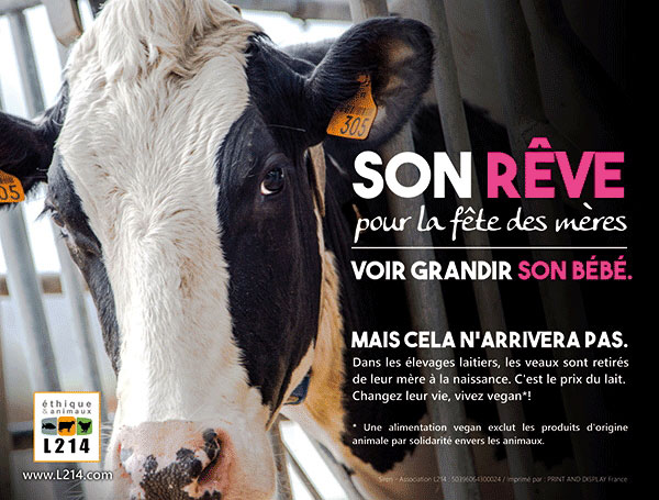 Campagne de promotion de l’association anti-spéciste L214, qui combat toutes les formes d’exploitation animales dont l’élevage et la consommation de produits animaux et qui prône l’indifférenciation entre humains et animaux